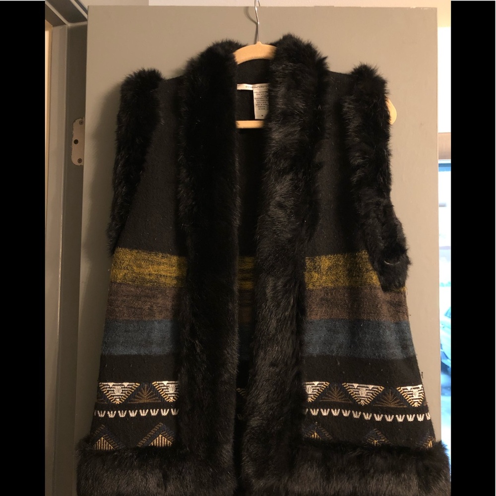 DVF Wool Embroidered Vest with Rabbit Fur Trim